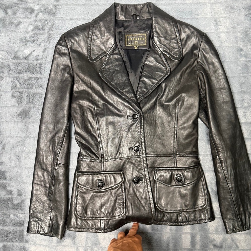 Vintage Express Compagnie Internationale Black Leather Jacket Womens XS Retro